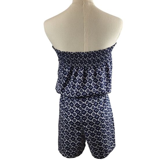 Ocean Club X-Small Blue White Geometric Romper Off Shoulder Smocked Tie Waist - Picture 6 of 14